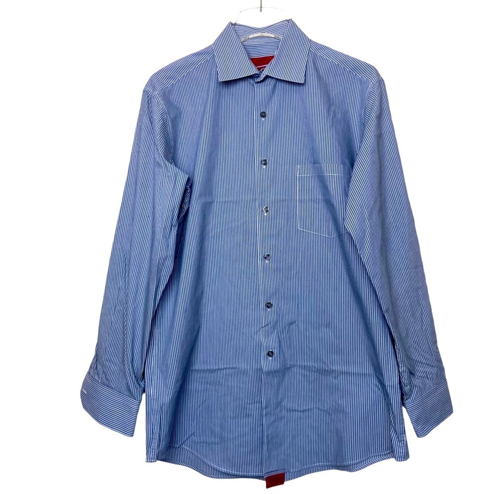 ALFANI Blue/White Pinstriped Long Sleeve Dress Shirt. Slim Fit 15-32/33 Medium